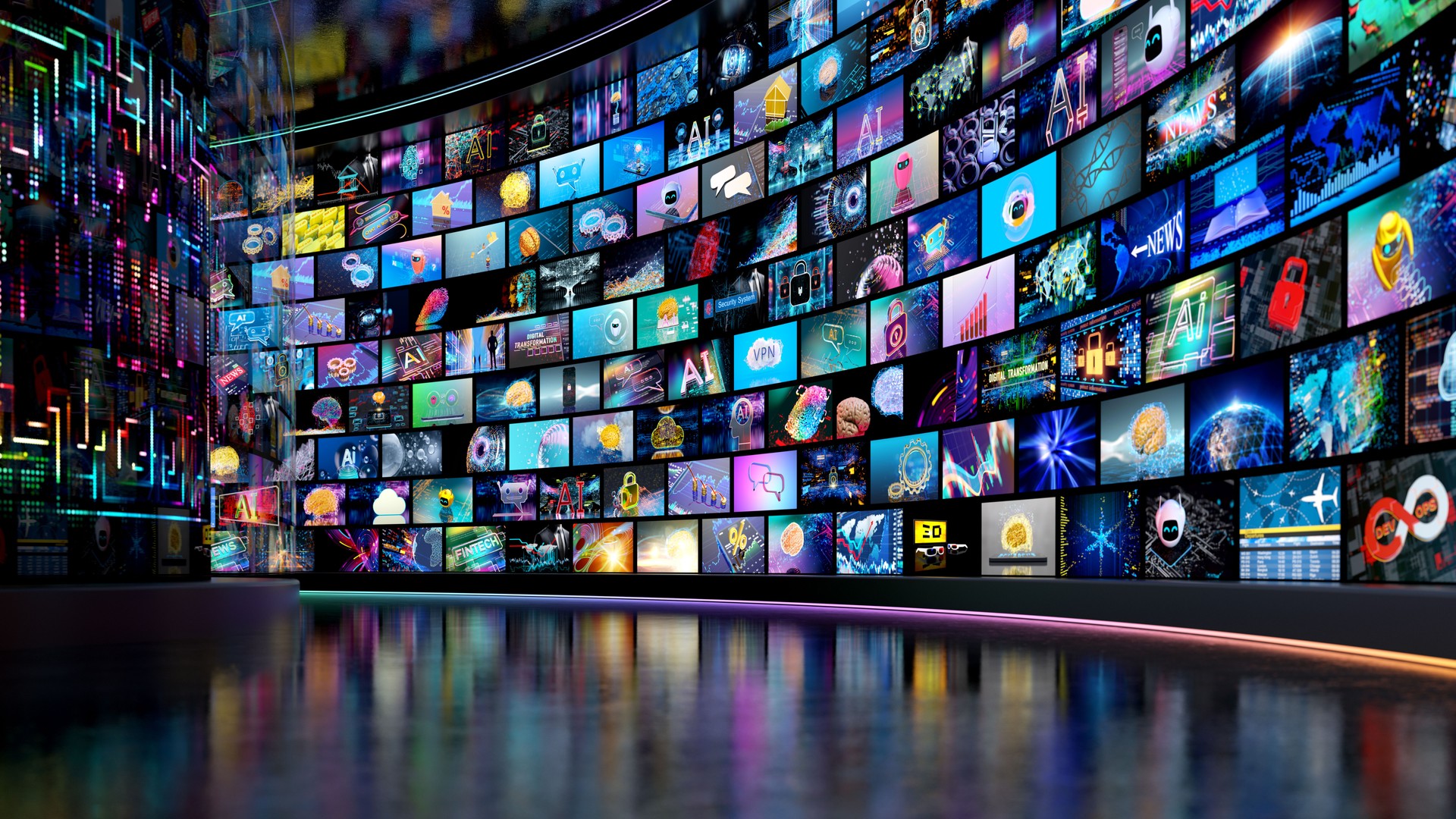 Media concept - multiple television screens. Digital data streaming concept.