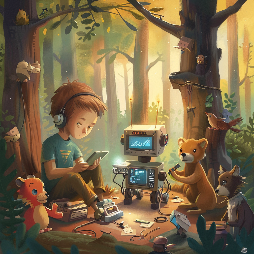 A developer taking a break to play with a group of raccoons, coding on a laptop while surrounded by the playful creatures